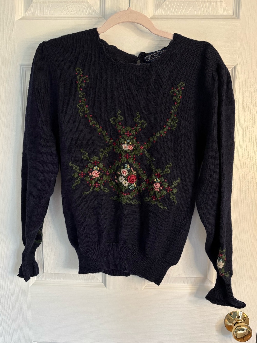 Herman Geist Hand Embroidered Navy Women’s Sweater 100% Wool Vintage